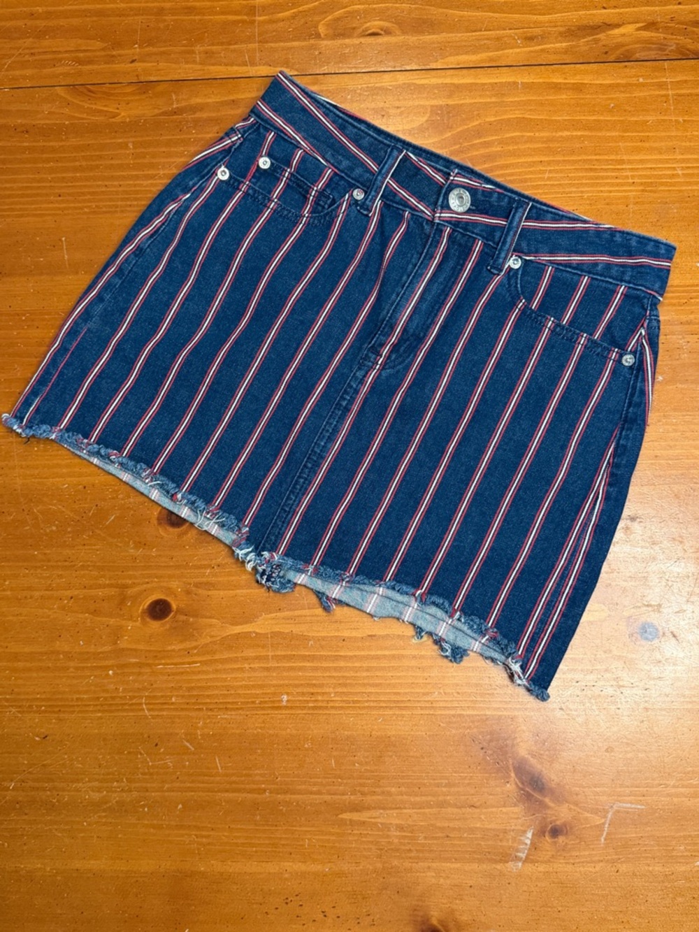 American Eagle Outfitters Navy Blue Denim Mini Skirt with Red Stripes